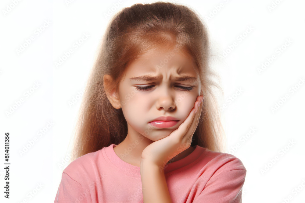 kid girl suffering from toothache holding his chin with his hand on white background kid girl suffering from toothache holding his chin with his hand on white background