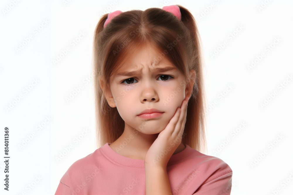 kid girl suffering from toothache holding his chin with his hand on white background kid girl suffering from toothache holding his chin with his hand on white background