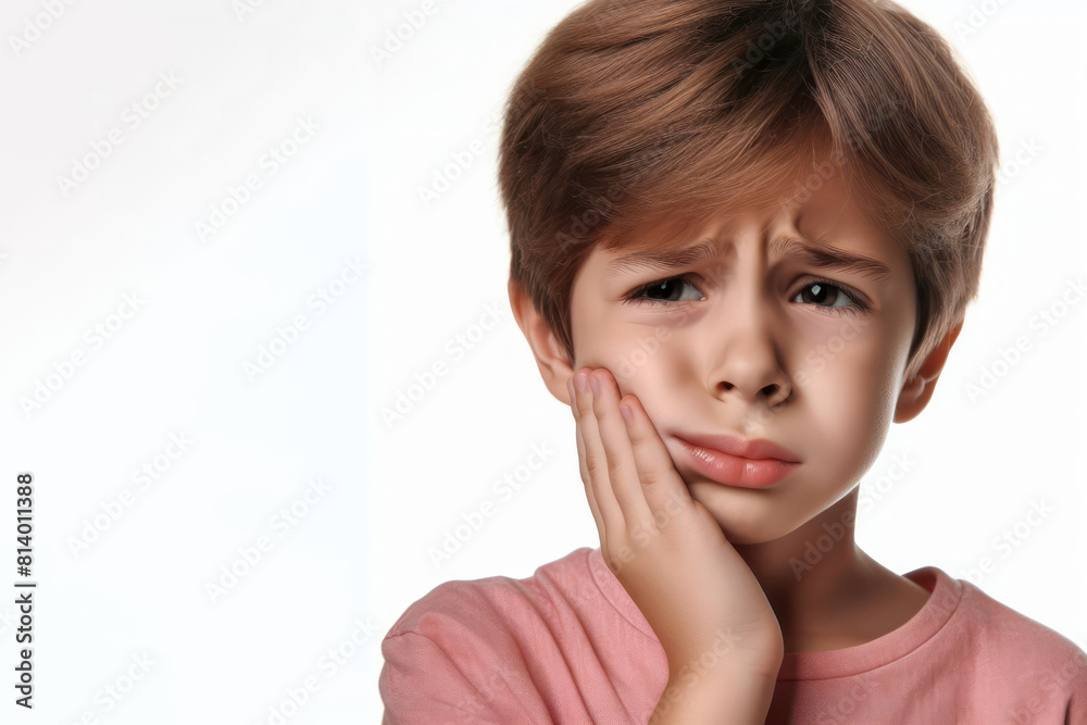 kid suffering from toothache holding his chin with his hand on white background kid suffering from toothache holding his chin with his hand on white background