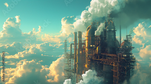 The factory in the clouds. Pipes in the sky. The concept of ecology and environmental protection.