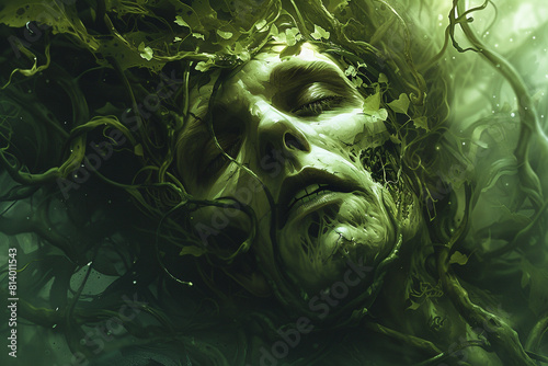 A greenskinned man with vines growing out of his head, photo