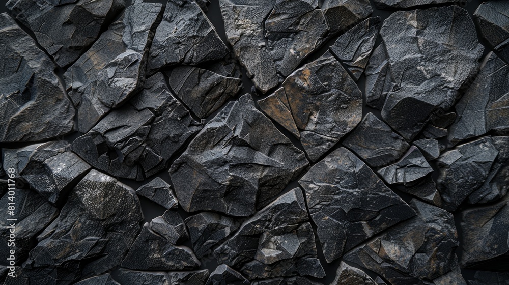 Black stone wall texture background. Natural dark grey slate tiles.