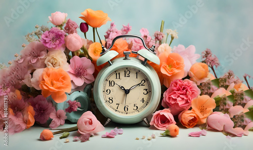 Classic alarm clock over spring flowers background. Daylight saving time reminder. Spring natural background with first flowers. Blooming crocus flowers. Spring time change background.