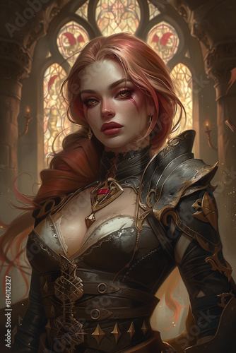 A beautiful woman with red hair and pink eyes, wearing black armor adorned with gold accents standing inside of an old church. photo