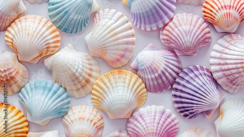 A collection of vibrant sea shells arranged symmetrically on a white surface, showcasing natural beauty and intricate patterns in electric blue, magenta, and other hues. High quality photo © AminaDesign