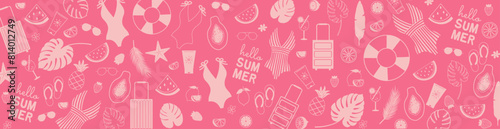 Summer background with icons of fruits, swimsuits, sunglasses, spf. Beach theme.  Banner design template for shopping sale, promo poster, web and social media. Vector illustration in pink color