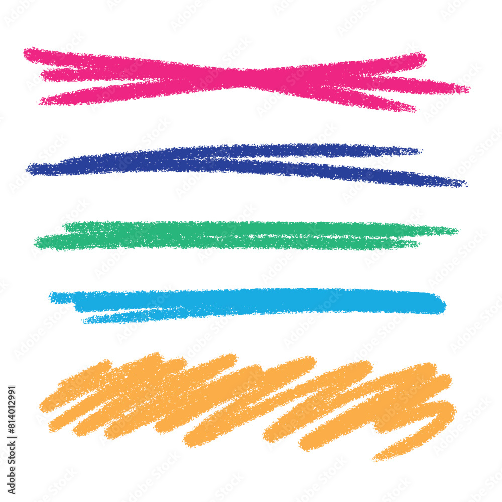 Obraz premium Hand drawn colored pencil lines and scribbles set on a white background. Horizontal straight strokes and strokes collection. Elements of underlining and highlighting