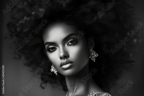 Captivating portrait of a beautiful woman showcasing elegance and striking features in a monochromatic black and white fashion