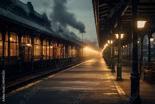 An Old-Fashioned Railway Station Bathed in the Glow of Evening Lights with a Locomotive Arriving photo