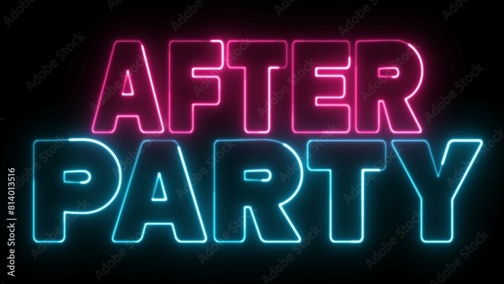 After Party text font with neon light. Luminous and shimmering haze inside the letters of the text Party. After Party neon sign. After Party text font with neon light. Luminous and shimmering haze inside the letters of the text Party. After Party neon sign.