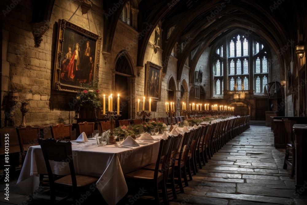 Fototapeta premium A Grand Feast in a Medieval Castle's Banquet Hall with Tapestries and Candlelit Tables