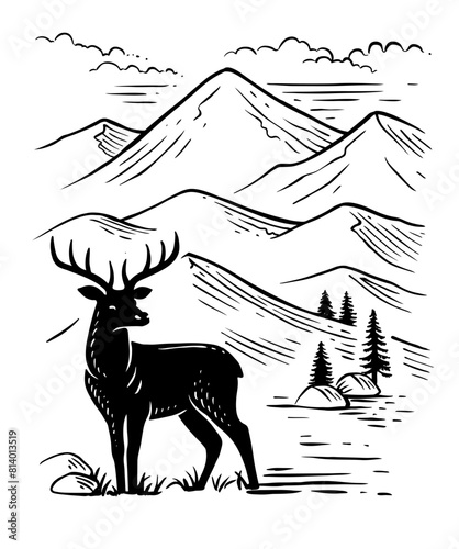 Mountains and deer vector. Nature landscape travel sketch.