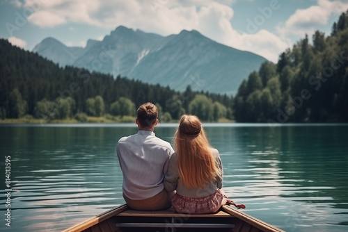 couple resting on boat at mountain lake. summer vacation