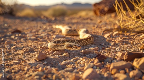 A bronze colored snake slithers across the arid terrain photo