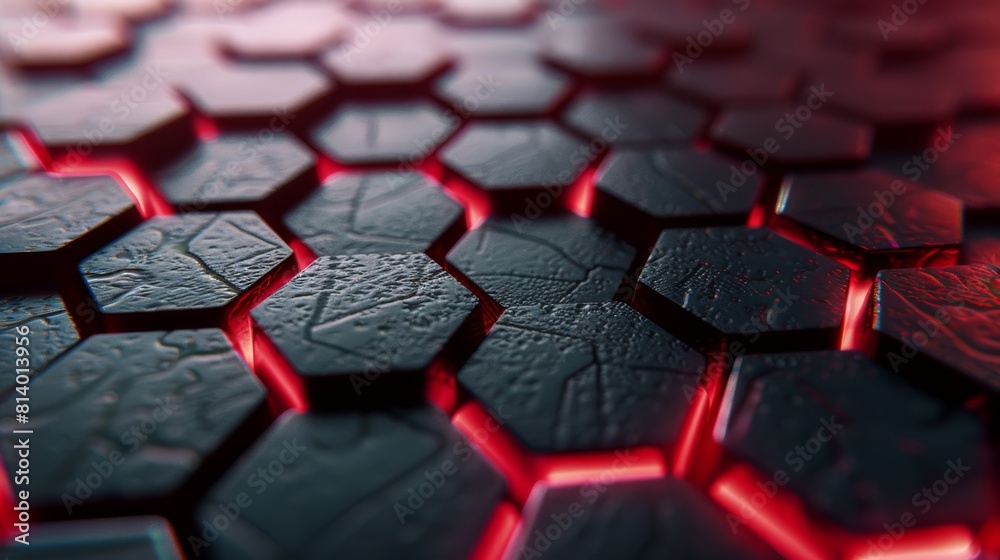 Fototapeta premium Futuristic hexagonal surface with glowing red cracks.