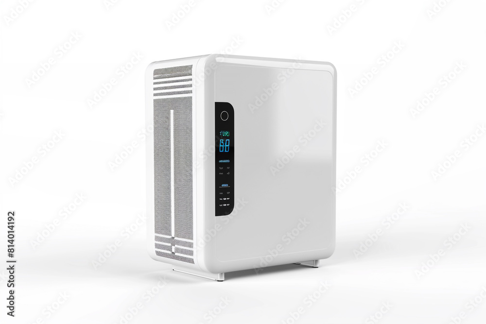 A sleek white electric heater cleaner with a digital display and a built-in filtration system isolated on a solid white background. A sleek white electric heater cleaner with a digital display and a built-in filtration system isolated on a solid white background.