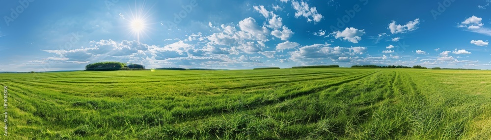 Green field of wheat under blue sky with white clouds.