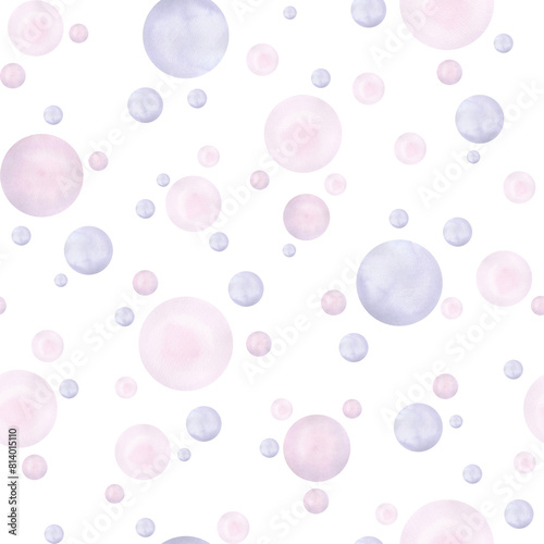 Seamless pattern, delicate light blue and pink watercolor circles, bubbles, dots on a white background, hand-drawn. Endless pattern template for fabric, wrapping paper, baby wallpaper, bubble design.