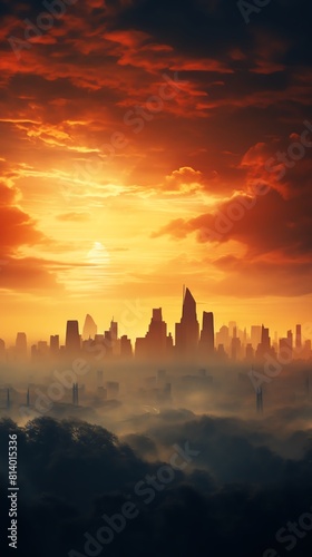 A dramatic view of a city skyline enveloped in smog  highlighting the everyday reality of air pollution and its impact on urban life and health