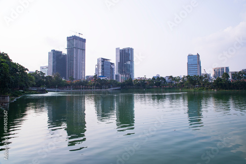Beautiful Skylark landscape view of Hatirjheel lake with blue sky in Dhaka-Bangladdesh