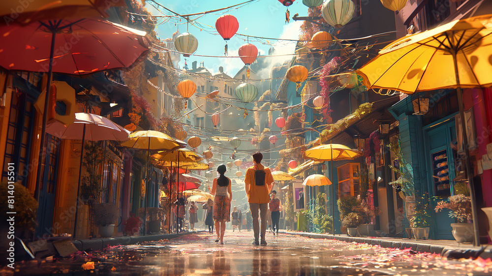 Naklejka premium The photo shows a beautiful Asian street with a lot of colorful umbrellas. The street is wet from the rain. There are two people walking away from the camera.