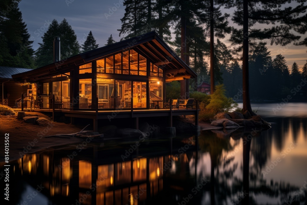 A Rustic Cabin by the Lake Surrounded by Pine Trees Under the Soft Glow of a Summer Sunset A Rustic Cabin by the Lake Surrounded by Pine Trees Under the Soft Glow of a Summer Sunset