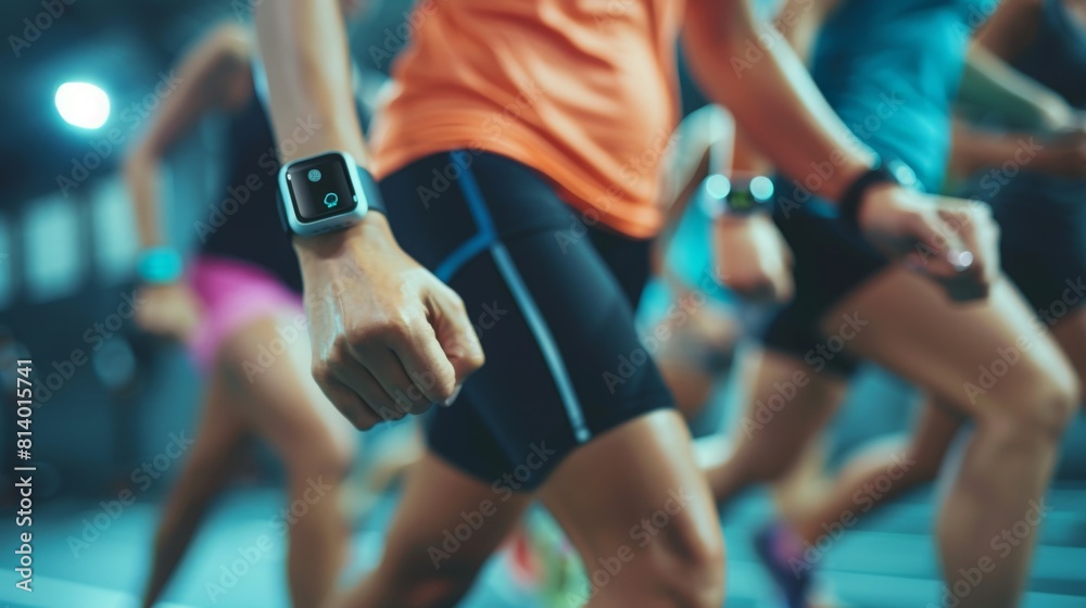Close-up of a runners arm with a smartwatch during an evening city marathon, highlighting athletic wear and movement. Close-up of a runners arm with a smartwatch during an evening city marathon, highlighting athletic wear and movement.