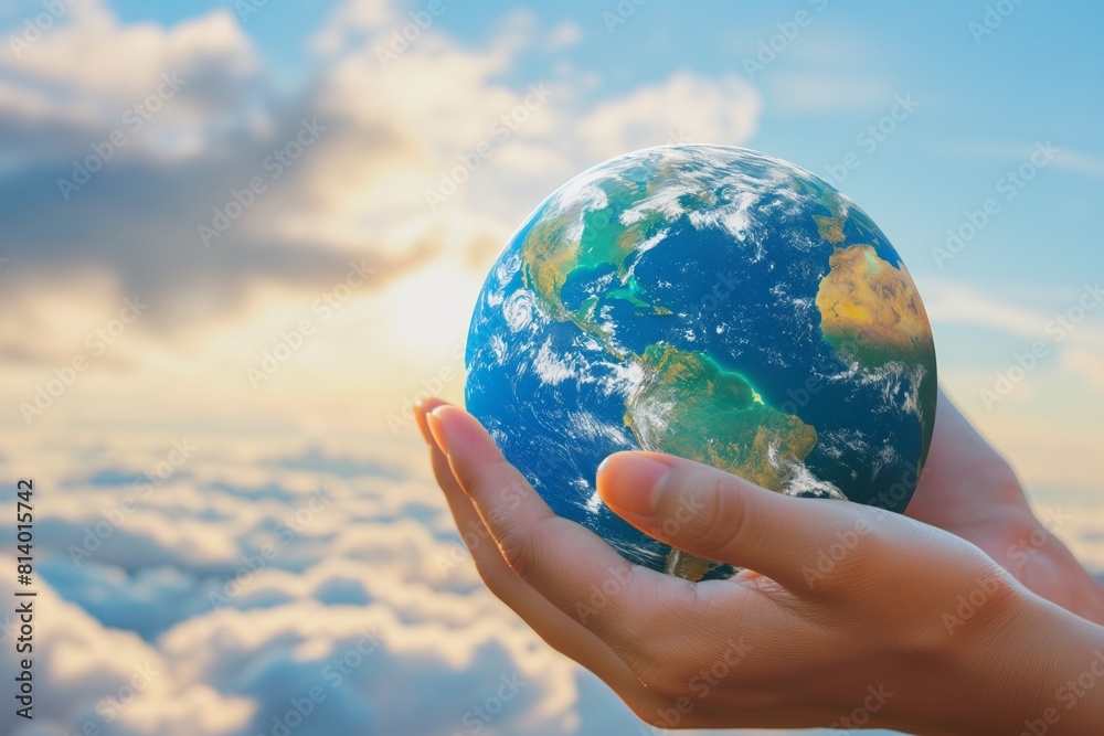 Hands Holding Earth Globe Against Sky Background Hands Holding Earth Globe Against Sky Background