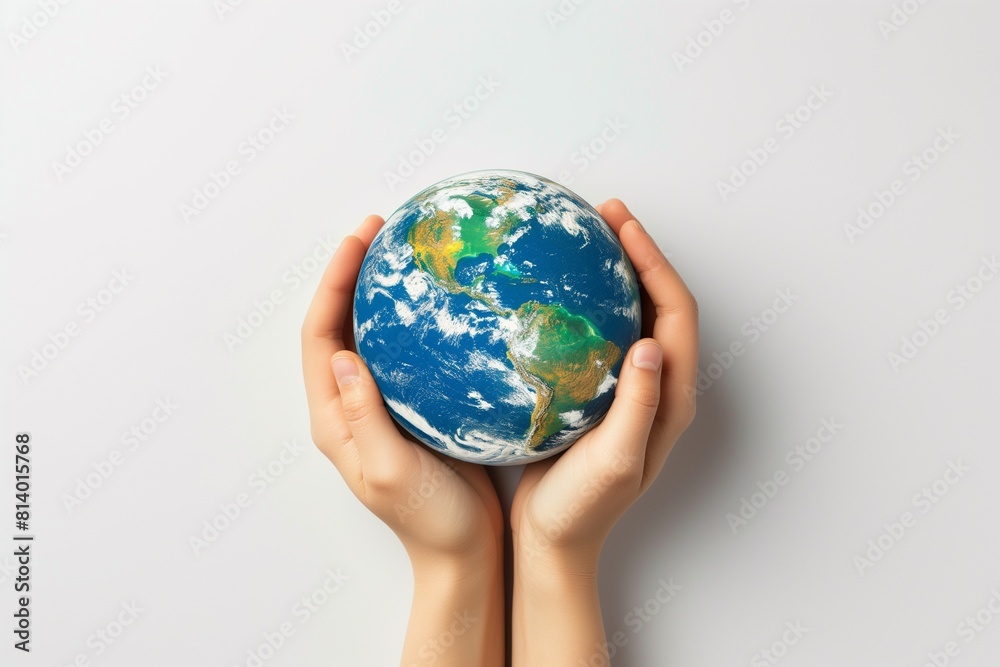 Hands Holding Earth Globe Against Sky Background Hands Holding Earth Globe Against Sky Background