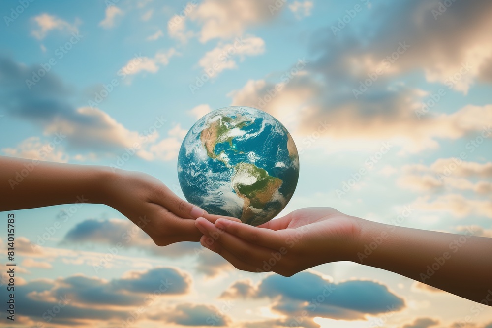Hands Holding Earth Globe Against Sky Background Hands Holding Earth Globe Against Sky Background