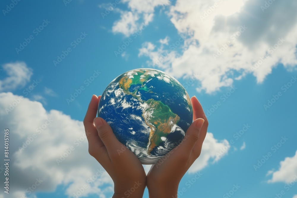 Hands Holding Earth Globe Against Sky Background Hands Holding Earth Globe Against Sky Background
