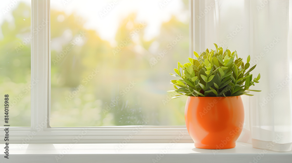 Green houseplant in bright orange pot under sunlight on windowsill with copy space Green houseplant in bright orange pot under sunlight on windowsill with copy space