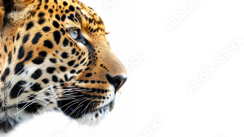 A close-up portrait of a leopard's face in profile. The leopard has a spotted coat with rosettes, a black nose, and alert brown eyesม on White Background photo