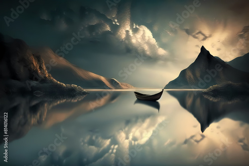 Boat floating on lake. Mountains sky clouds reflection on surface.