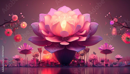 Surreal flower lamp with pink and purple shades, dark light tone.