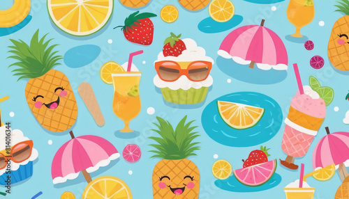 Cartoon summer cocktails, alcoholic or non-alcoholic refreshing drinks with straw lemon mint lime ice cocktail bar menu set vector illustration