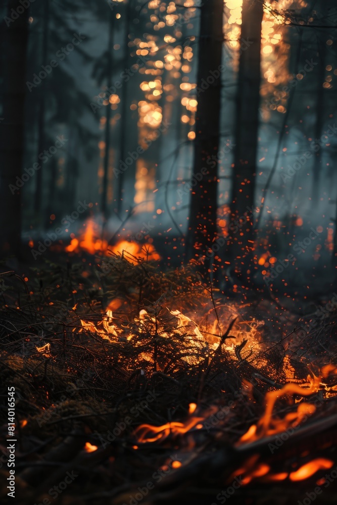 A fire burning in the middle of a forest. Suitable for environmental and disaster-related projects A fire burning in the middle of a forest. Suitable for environmental and disaster-related projects