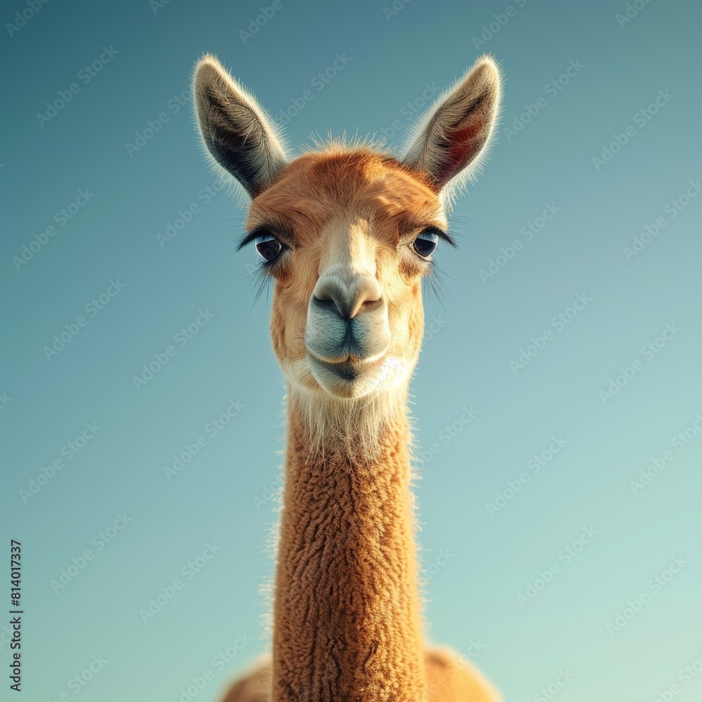 Obraz premium A cheerful and funny lama, close-up face on a plain copy space banner. Concept: animal print, design,
