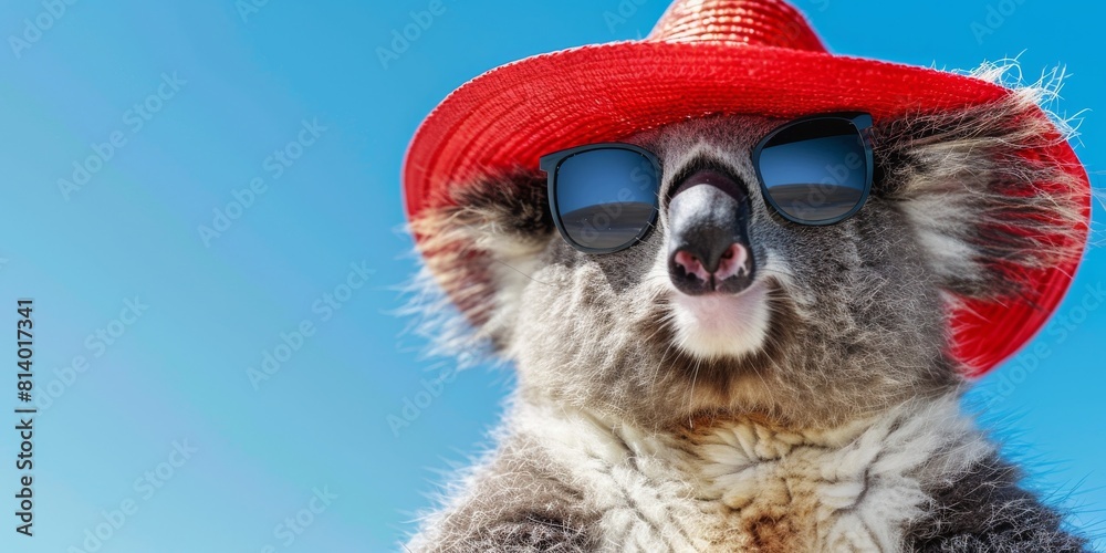 Koala wearing sunglasses and a red hat against a blue sky.