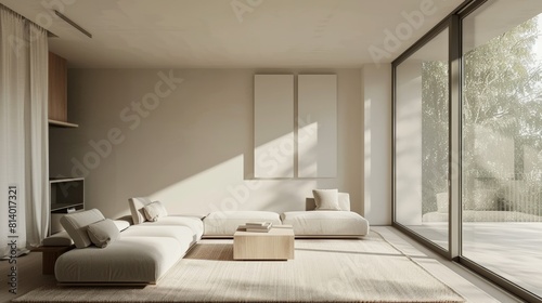 A minimalist living room with modern furniture  neutral colors  in natural light from large windows