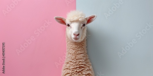 A sheep with white wool stands against the background of a two-color wall: pink and blue.