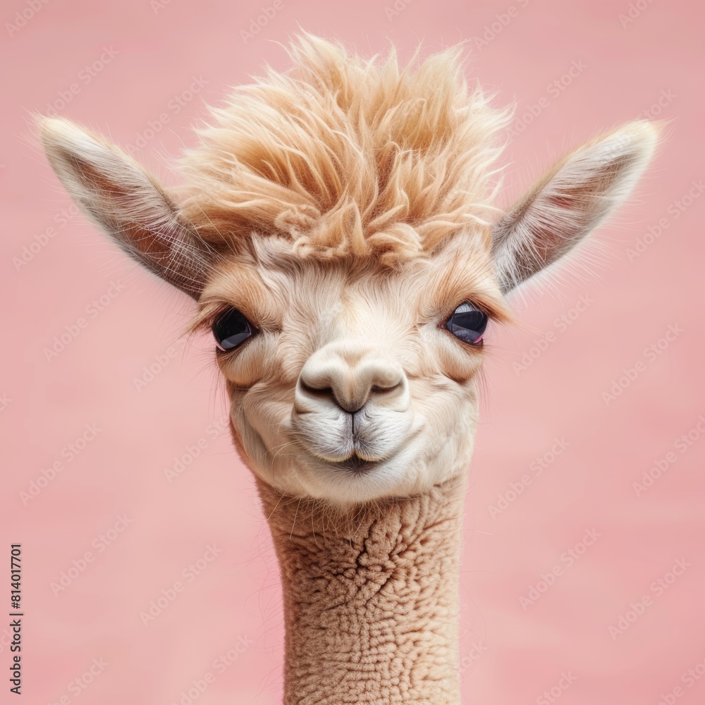 Obraz premium close up of a llama with pink hair, Animal on a plain background, copy space banner. Postcard with cute creatures.