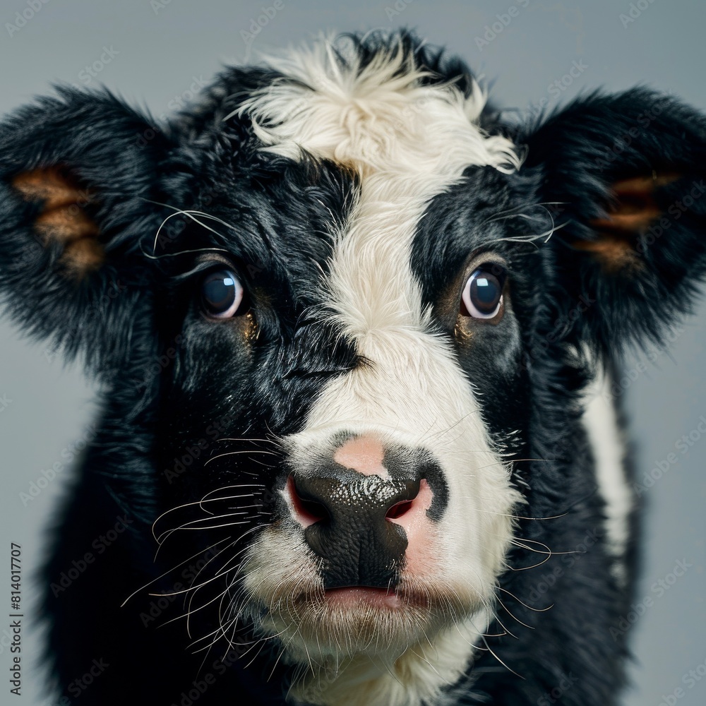 Fototapeta premium black and white cow with a surprised expression on its face on a gray background.