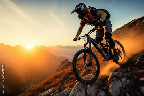 Cyclist Riding the Bike Down the Rock at Sunrise in the Beautiful Mountains on the Background. Extreme Sport and Enduro Biking Concept 