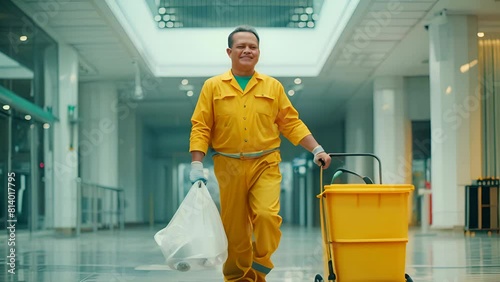 male janitor in uniform, beaming with a cleaning cart in an office building photo