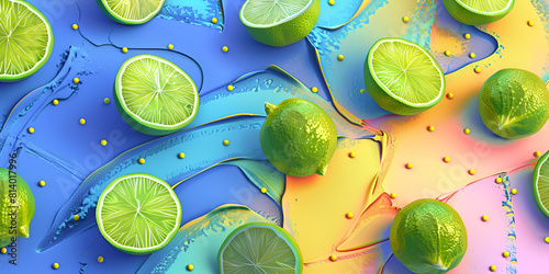 A fresh Lime seamless background adorned with glistening ,water drops on lemon and limes for summer season concept. photo
