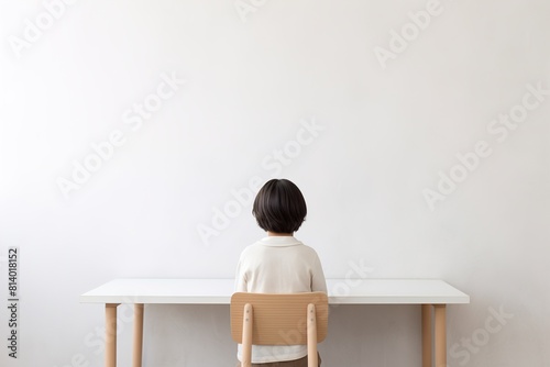 A minimalist image showing a child from behind, sitting at a desk facing a plain white wall, ideal for education-related content and ads with space for text.