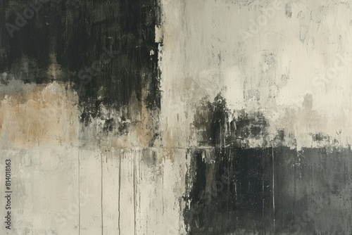 abstract composition with a distressed and weathered texture. Miix of earthy tones such as browns, beiges, and hints of rust, along with darker shades of gray and black. rough, textured