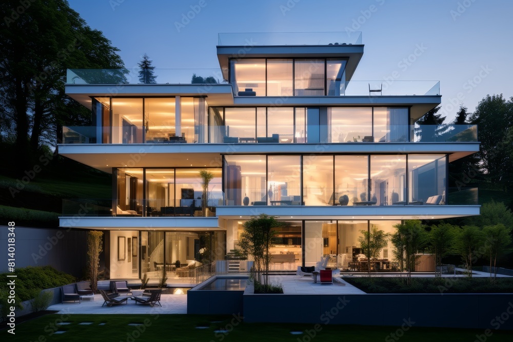 Fototapeta premium A Detailed View of a Contemporary Split-Level Residential House with a Lush Garden