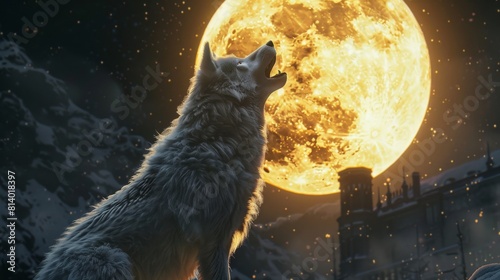 A wolf howls at the moon in the middle of a city. © Sittipol 